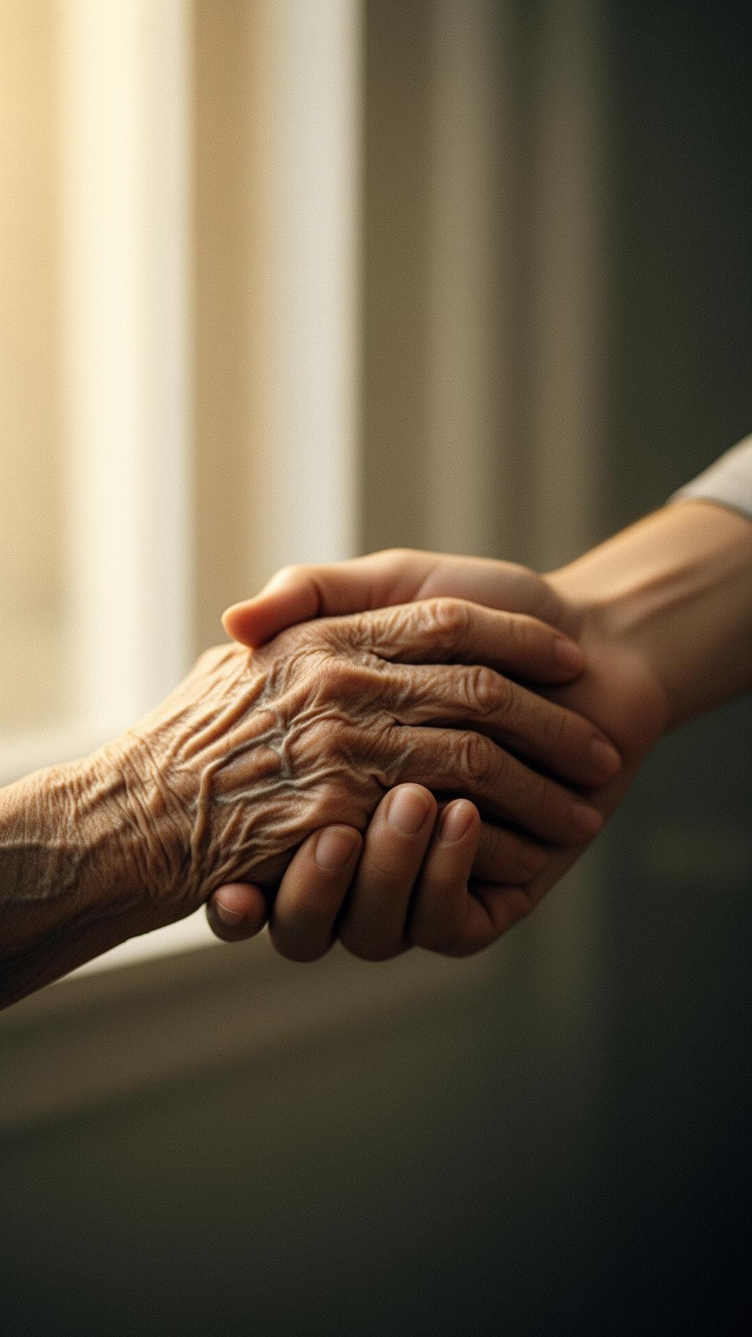 Mãos entrelaçadas entre gerações — acolhimento e cuidado familiar