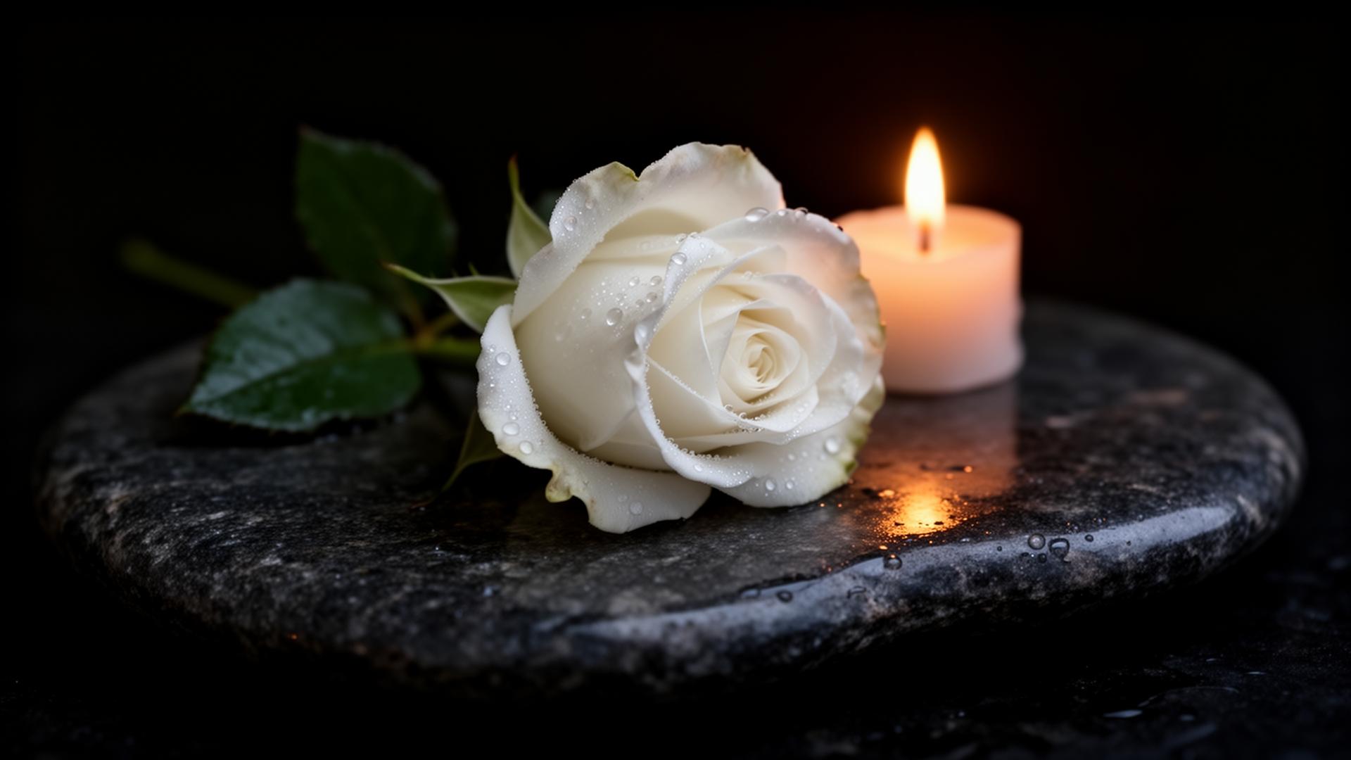 Rosa branca e vela acesa sobre pedra escura